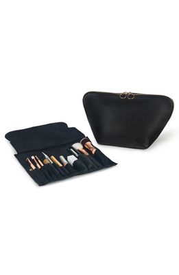KUSSHI Vacationer Leather Makeup Brush Organizer in Black Leather/Pink