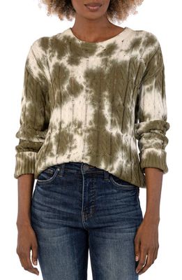 KUT from the Kloth Celia Tie Dye Cotton Cable Knit Sweater in Olive/White