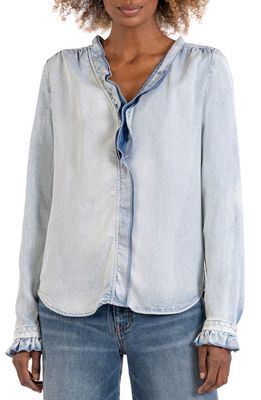 KUT from the Kloth Meara Ruffle Chambray Button-Up Shirt in Light Wash