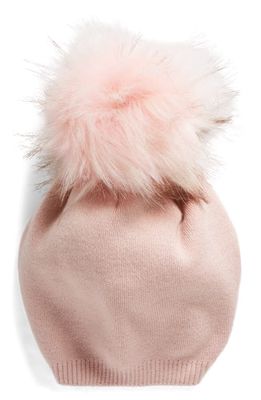 Kyi Kyi Wool & Cashmere Blend Beanie with Faux Fur Pom in Pink
