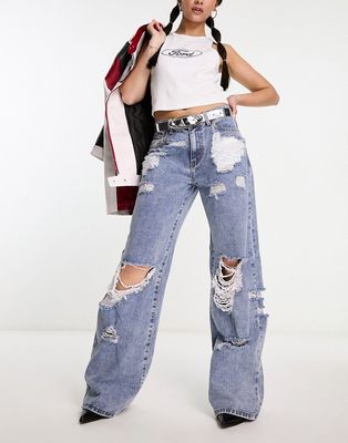 KYO The Brand distressed wide leg baggy jeans in blue