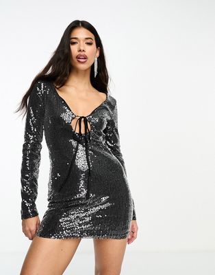Kyo The Brand sequin keyhole detail with tie mini dress in gunmetal-Gray