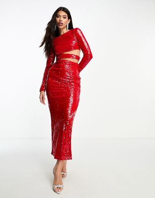 Kyo The Brand sequin long sleeve cut out detail maxi dress in red
