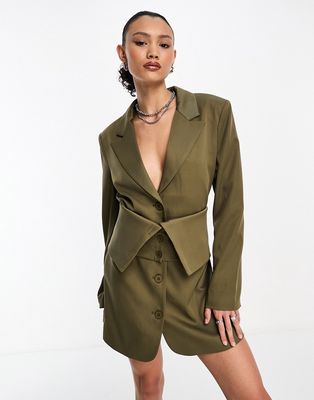 Kyo The Brand tailored blazer mini dress with removeable foldover belt detail in khaki-Green