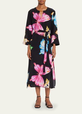 Kyoko Butterfly-Print Charmeuse Midi Dress