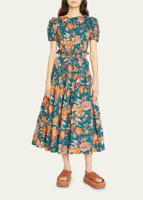Kyra Smocked Floral Cotton Midi Skirt