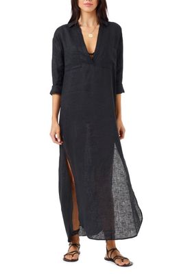 L Space Capistrano Long Sleeve Linen Cover-Up Tunic Dress in Black