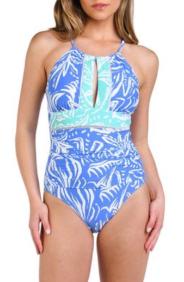 La Blanca Beachside Bay High Neck Keyhole One-Piece Swimsuit in Chambray 