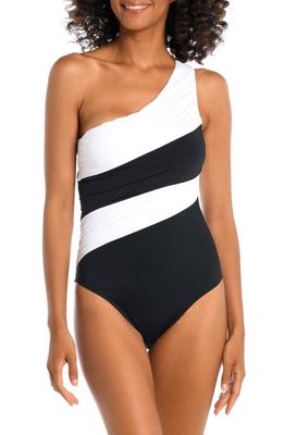 La Blanca Island Goddess Ruched Colorblock One-Shoulder One-Piece Swimsuit in Black