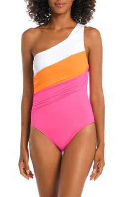La Blanca Island Goddess Ruched Colorblock One-Shoulder One-Piece Swimsuit in Tangerine