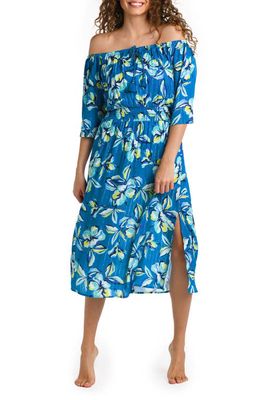 La Blanca Metallic Stripe Off the Shoulder Cover-Up Midi Dress in Ocean 