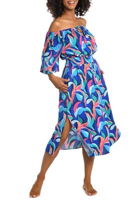La Blanca Painted Off the Shoulder Cover-Up Dress in Blue Multi