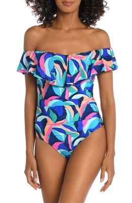 La Blanca Painted Off the Shoulder One-Piece Swimsuit in Blue Multi