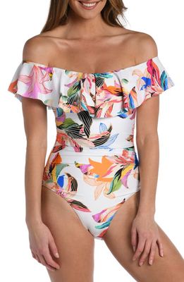 La Blanca Paradise Ruffle Off the Shoulder One-Piece Swimsuit in Multi