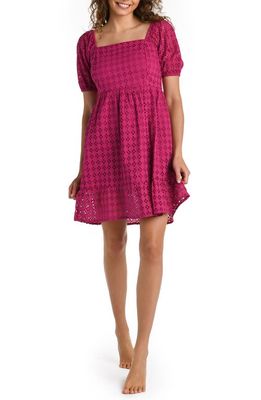 La Blanca Puff Sleeve Cotton Eyelet Cover-Up Dress in Magenta