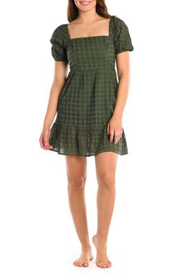 La Blanca Salt Square Neck Puff Sleeve Cotton Cover-Up Sundress in Olive