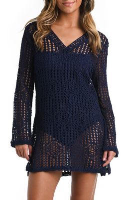 La Blanca Waverly Long Sleeve Cotton Cover-Up Dress in Indigo