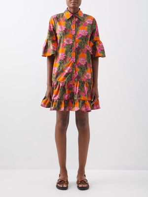 La DoubleJ - Choux Printed Cotton-poplin Mini Dress - Womens - Orange Multi
