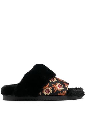 La DoubleJ faux-fur floral strap slides - Black