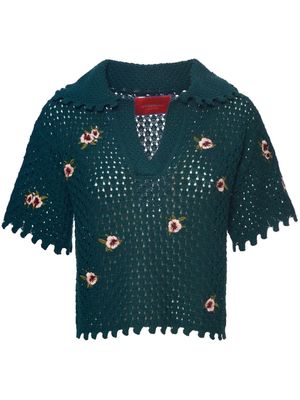 La DoubleJ floral-embroidered crochet polo shirt - Green
