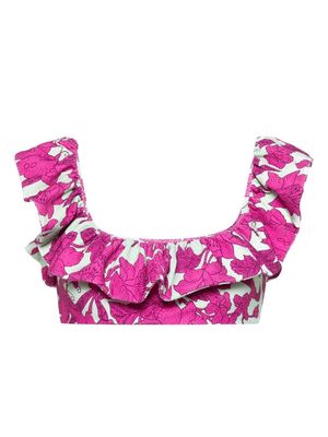 La DoubleJ floral-print ruffled bikini top - Pink