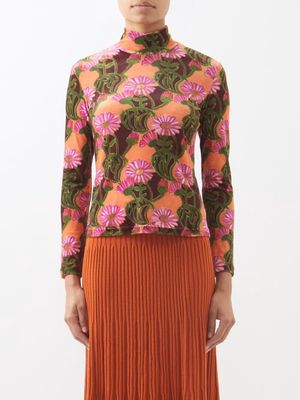 La DoubleJ - Floral-print Velvet Long-sleeve T-shirt - Womens - Orange Multi