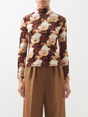 La DoubleJ - Floral-print Velvet Long-sleeve T-shirt - Womens - White Black Multi