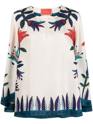 La DoubleJ Flying floral-print long sleeved silk tunic - Neutrals
