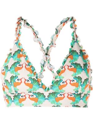 La DoubleJ Frilly bird-motif bikini top - Neutrals