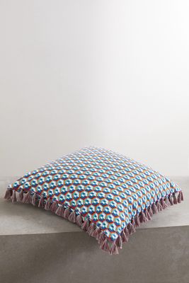 La DoubleJ - Fringed Printed Cotton-blend Cushion - Blue