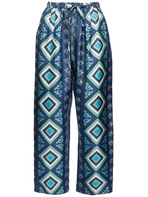 La DoubleJ geometric-pattern cropped silk trousers - Blue