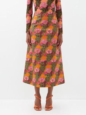 La DoubleJ - Gerber-print Cotton-blend Midi Skirt - Womens - Orange Multi