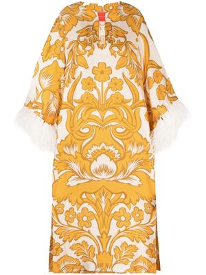 La DoubleJ graphic-print feather-trim dress - Gold