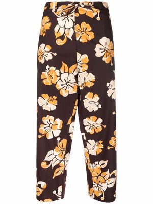 La DoubleJ hibiscus-print cropped trousers - Brown