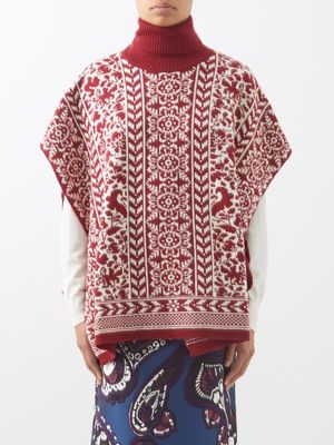 La DoubleJ - High-neck Floral-jacquard Wool Poncho - Womens - Red White