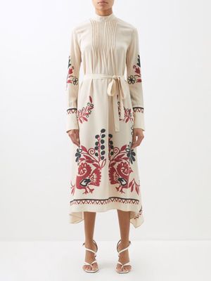 La DoubleJ - Le Marais Placée-print Silk Midi Dress - Womens - Cream Multi