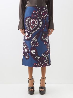 La DoubleJ - Paisley-embroidered Jacquard Pencil Skirt - Womens - Blue Multi