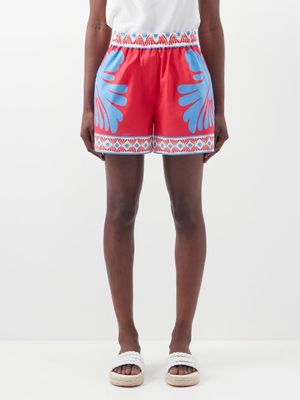 La DoubleJ - Placée-print Elasticated Cotton-poplin Shorts - Womens - Blue Red
