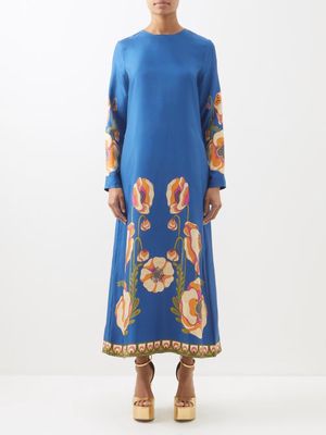 La DoubleJ - Poppy-print Silk-twill Dress - Womens - Blue Multi
