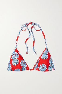 La DoubleJ - Printed Triangle Halterneck Bikini Top - Red