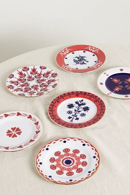 La DoubleJ - Set Of Six Gold-plated Porcelain Dessert Plates - Red