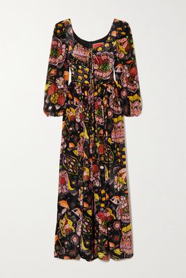 La DoubleJ - Wanderlust Lace-up Floral-print Devoré-velvet Maxi Dress - Black