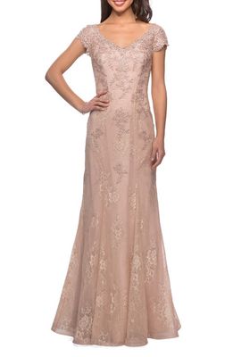 La Femme Beaded Lace A-Line Gown in Ballet Pink