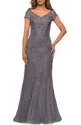 La Femme Beaded Lace A-Line Gown in Dark Platinum
