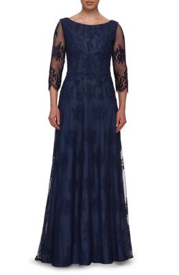 La Femme Beaded Lace A-Line Gown in Navy