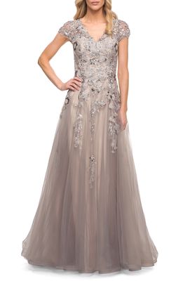La Femme Beaded Lace Tulle A-Line Gown in Silver/Pink