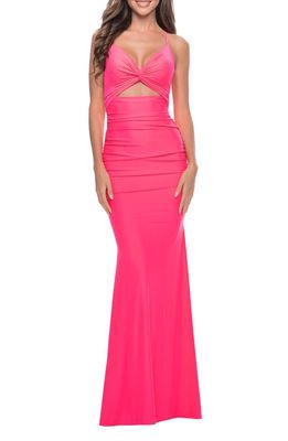 La Femme Cutout Ruched Gown in Neon Pink
