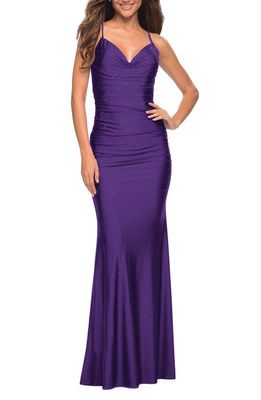 La Femme Embellished Strappy Back Trumpet Gown in Royal Purple