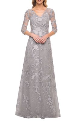 La Femme Floral Embroidered A-Line Gown in Silver