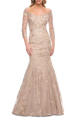 La Femme Floral Embroidered Mermaid Gown in Champagne
